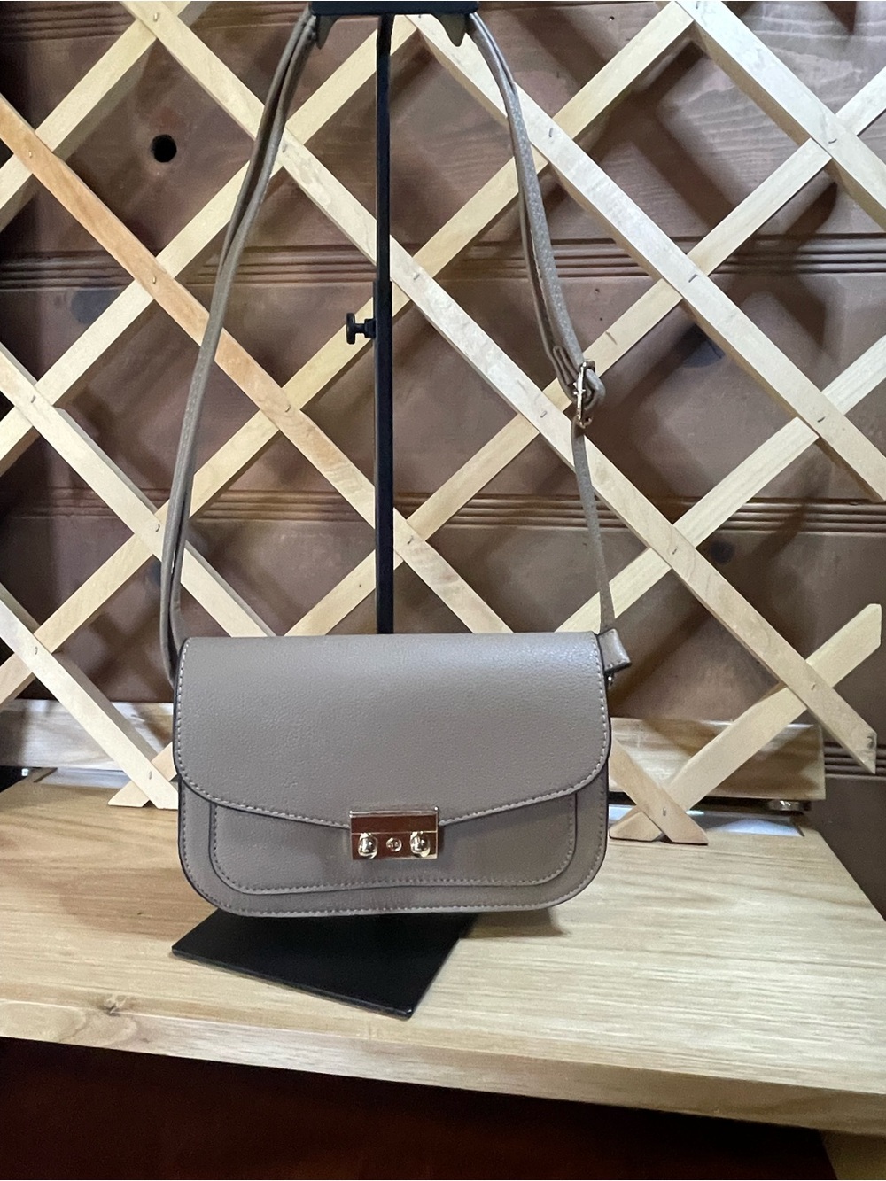 NWOT Structured Flap Crossbody Bag /Vegan leather Black Fringed/Taupe - Beige